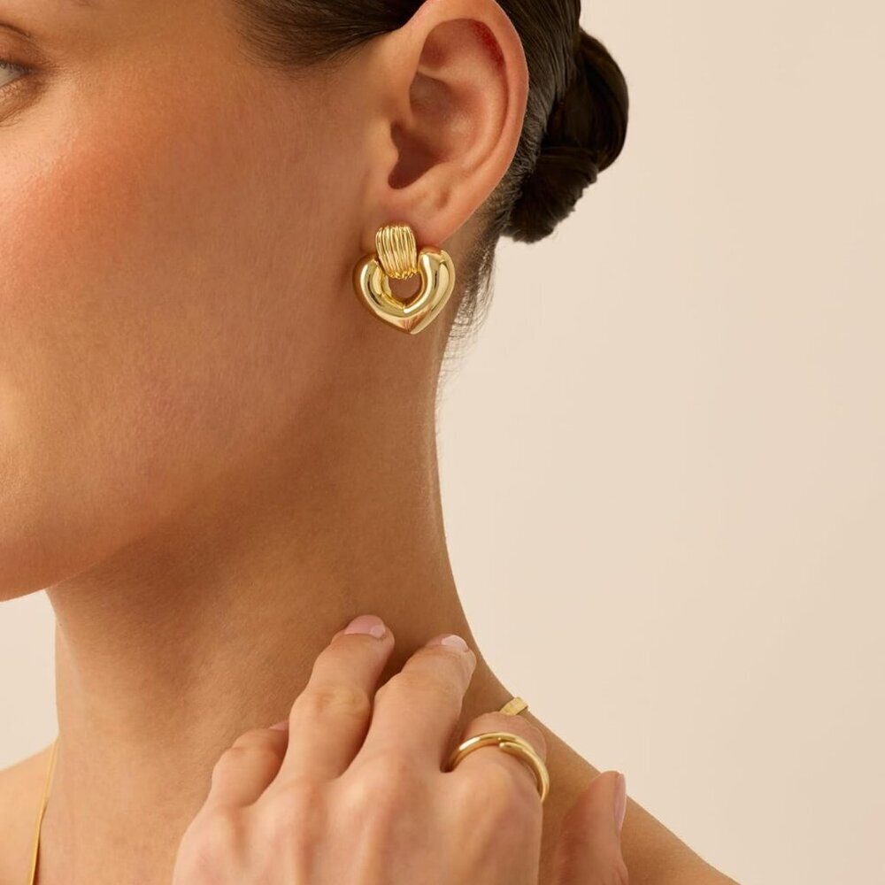 14K Gold Plated Chunky Dangle Door Knocker Earrings for Women | Trendy Geometric - Picture 3 of 5